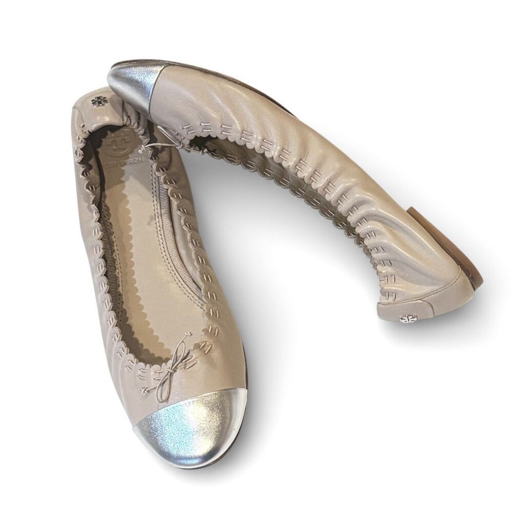 Tory Burch Scalloped Ballet Flat Size 11 Cap Toe Beige Silver Elastic Bow